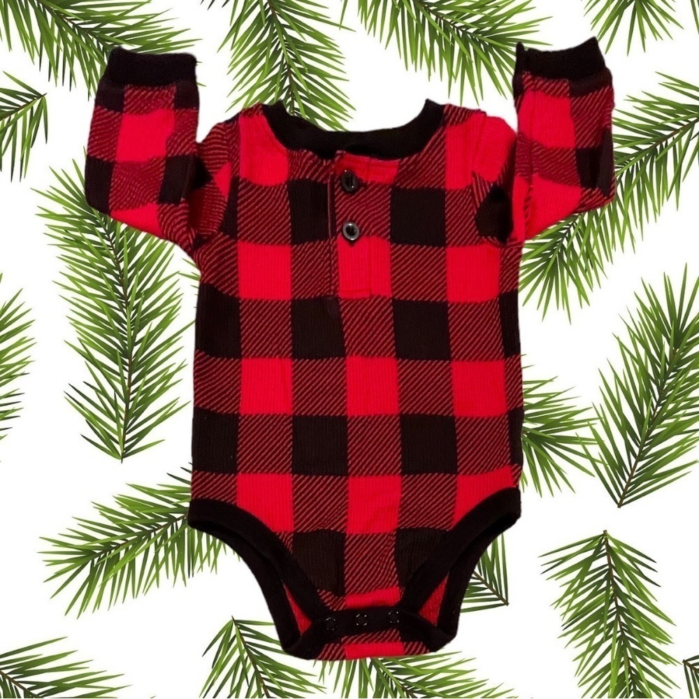 NWOT 12M Red/Black Buffalo Check Waffle Knit Onesie